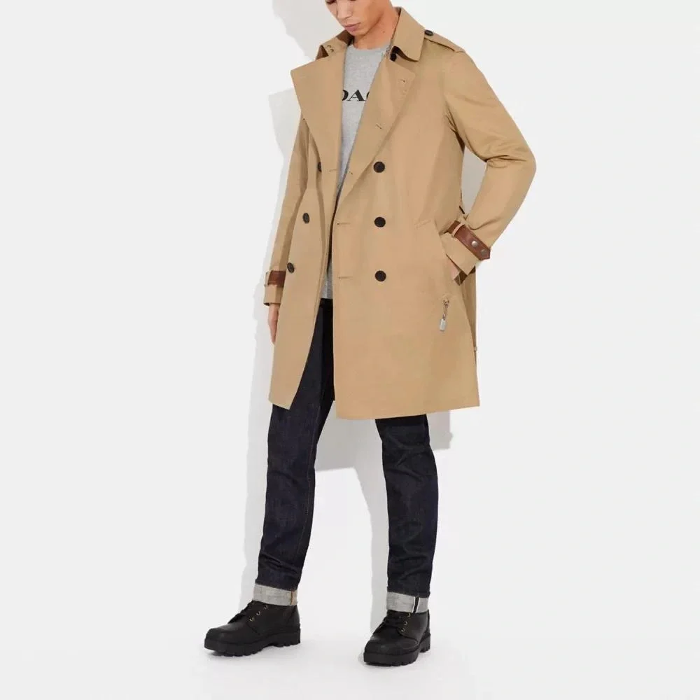 NWT COACH Men’s Trench Coat Khaki Beige Color Size XXL Leather details - Picture 2 of 16